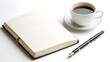 © Tonadech - Blank journal open on a desk with a pen and cup of coffee beside it representing the start of fresh ideas