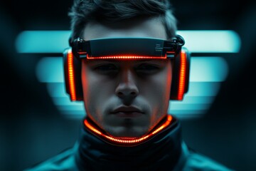 Poster - Close-up of a person wearing an advanced headset, surrounded by vibrant neon lighting, depicting future technology and virtual reality trends in innovation.