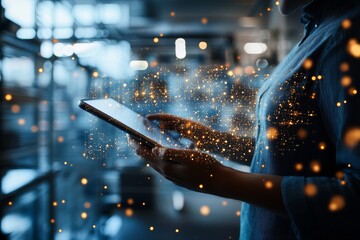 Poster - A person interacts with a digital tablet surrounded by glowing particles, symbolizing the world of technology and innovation in a dynamic, blurry environment.
