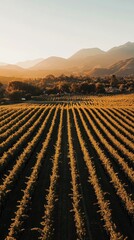 Poster - Expansive vineyard landscape at sunset showcasing rows of grapevines in serene countryside