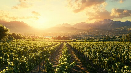 Poster - Expansive vineyard under sunset with mountains in the background showcasing nature's beauty and agricultural abundance