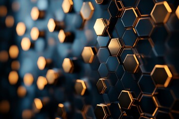 Poster - The image features a contemporary hexagonal structure with a glowing honeycomb pattern, representing modern architecture and design merged with digital art influences.