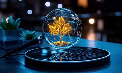Poster - High Contrast Collage Style Illustration of a Glowing Tree in a Sphere