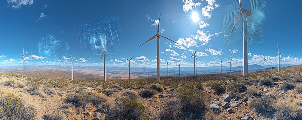 Aufkleber - Wind turbines adorned with futuristic digital overlays, representing the rapid advancements in technology and renewable energy solutions