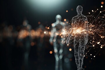 Poster - Digital human figures are connected by abstract energy lines against a dark background, signifying the interconnectedness of technology and human interaction.