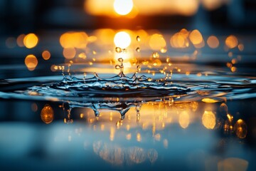 Poster - A vibrant close-up of a water droplet splash capturing dynamic motion, with enchanting bokeh lights in the backdrop creating an enchanting scene.
