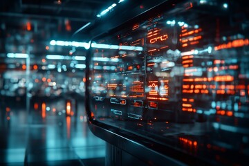 Poster - A futuristic data center showcasing advanced technology with glowing digital interfaces, representing innovation in data management and cutting-edge cyber environments.