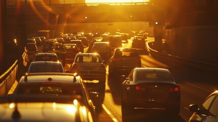 Wall Mural - A traffic jam on a highway during golden hour, with warm light reflecting off car windows and creating a picturesque scene despite the congestion. Natural low light.