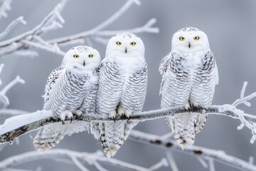 Wall Mural - A trio of snowy owls on an icy branch, highlighting their beauty and resilience in the winter setting. Cold natural light.