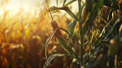 Poster - Close-up view of ripe corn cobs amidst golden sunlight in a lush cornfield during late summer