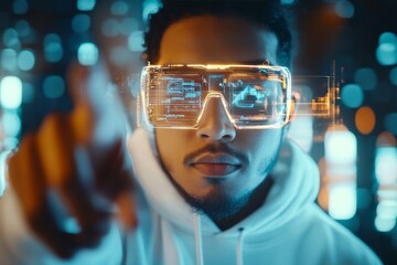 Poster - A man wearing advanced tech glasses is seen interacting with a digital holographic interface, symbolizing futuristic technology and digital interaction possibilities.