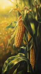 Aufkleber - Close-up view of ripe corn cobs hanging on a stalk illuminated by warm sunlight in a field