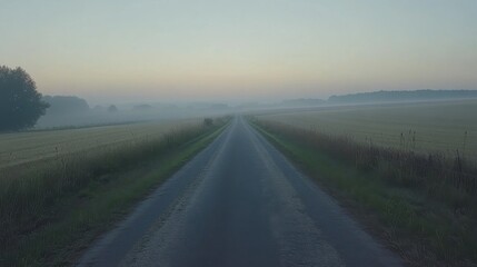 Poster - A serene country road leads into the misty early morning horizon, surrounded by farmland and gentle mist, inviting exploration