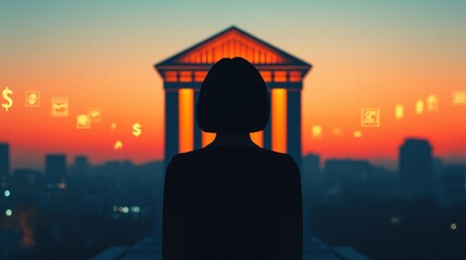 Fototapete - Business decisions by sunset urban landscape digital economy visuals creative perspective Blur Background