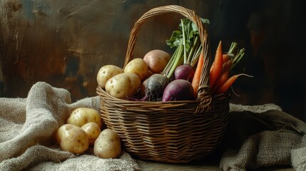Poster - A woven basket brimming with fresh root vegetables like carrots and potatoes on a rustic table in a warm, inviting setting