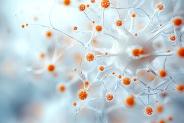 Poster - A detailed abstract depiction of neural connections, showcasing intricate neuron structures with bright orange synapses on a soft blurred background.