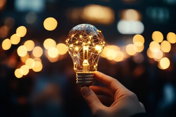 Poster - a hand holds a bulb with glowing network connections, symbolizing connectivity and bright ideas amid