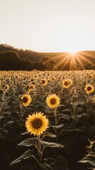 Poster - A peaceful sunflower field blooming under a dusky sky with the sun setting in the background
