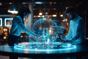 Poster - Two people engage with a glowing 3D holographic globe, showcasing the convergence of technology and human creativity and symbolizing advanced digital exploration.