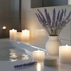 Aufkleber - A relaxing bathroom sanctuary with lavender flowers and soft candlelight creating a peaceful ambiance at dusk