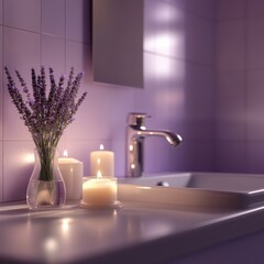 Aufkleber - A calming bathroom with lavender flowers and glowing candles for a relaxing evening retreat
