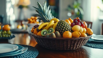 Poster - A vibrant traditional fruit basket arrangement displayed elegantly on a wooden table in a cozy dining area filled with natural light