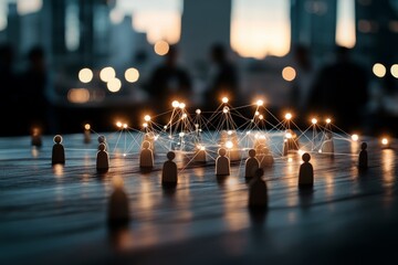 Poster - Small wooden figures are linked by glowing lines on a table, symbolizing connection and communication in a modern urban setting, with a blurred background.