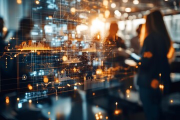 Poster - A bustling office scene with digital interfaces highlights the integration of technology in business environments, fostering collaboration and innovation.