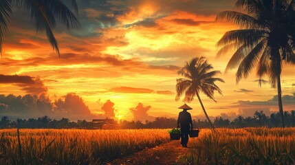 Poster - A tranquil sunset over a golden farm landscape with a farmer walking along a path surrounded by palm trees