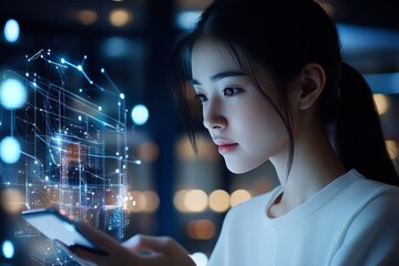 Poster - A young woman engages with a futuristic digital hologram visual display on her smartphone, reflecting modern technology and innovative personal interaction systems.