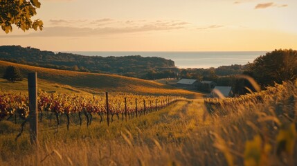 Poster - A breathtaking sunset over the vineyards of Leelanau Peninsula with Lake Michigan in the distance