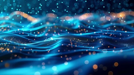 Poster - Abstract blue digital landscape with flowing particles and bokeh effect, creating a futuristic and technological atmosphere, ideal for projects related to innovation and the future
