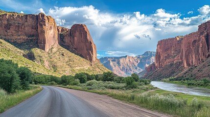 Poster - A breathtaking view along the scenic route near the river, framed by towering rock formations and dramatic clouds