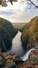 Poster - Breathtaking panoramic view of the Pocono Mountains showcasing autumn foliage and a serene river winding through lush valleys at sunset