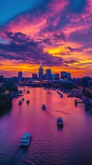Poster - A breathtaking sunset panorama of the Tennessee River with vibrant colors reflecting off the water near the skyline of Nashville