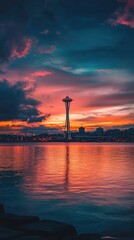 Poster - Breathtaking view of the Seattle skyline at sunset with vibrant colors reflecting on the water