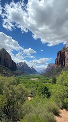 Poster - A breathtaking panorama of Zion National Park showcasing dramatic cliffs and vibrant greenery under a blue sky