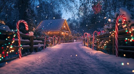 Poster - A snowy pathway lined with candy canes leading to a warmly lit cabin during a festive winter evening