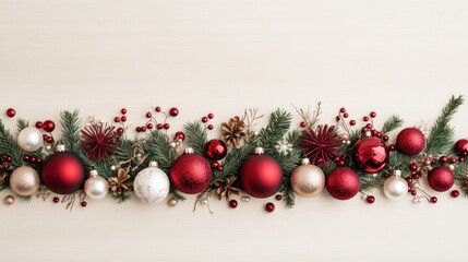 Wall Mural - Christmas border of red, gold, and white ornaments, pine cones, and greenery on a beige background.