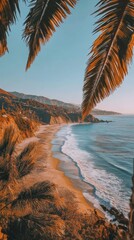 Aufkleber - A tranquil Malibu coastline view at sunset, showcasing golden sands and gentle waves under a clear sky
