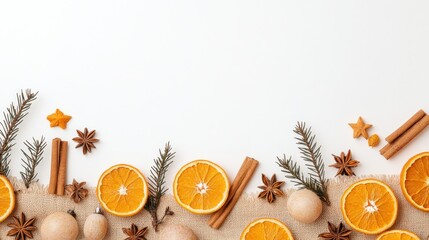 Wall Mural - Christmas border with dried oranges, cinnamon, and fir branches on white.