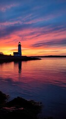 Poster - A breathtaking sunset casts vibrant hues over the Sakonnet with a lighthouse standing elegantly by the shore