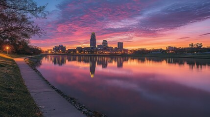 Poster - Serene twilight view of the Omaha skyline reflecting on the river with colorful clouds during sunset