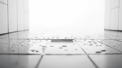 Poster - A close-up view of a tiled floor with droplets and a drain, capturing the tranquility of a clean space