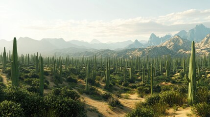 Poster - A tranquil desert valley with towering cacti under a clear sky during golden hour