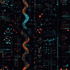 Fototapete - A seamless pattern of glowing DNA fragments on a dark background showcasing scientific illustrations and genetic structures in vibrant colors