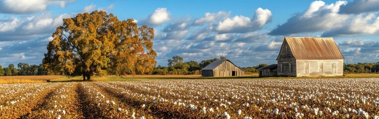 Aufkleber - A vibrant cotton field under a sunny sky with rustic barns and trees in the serene countryside landscape