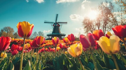 Aufkleber - Vibrant tulip fields in full bloom near a charming windmill on a sunny spring day