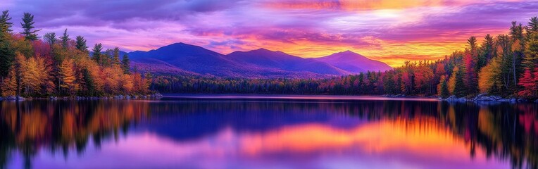 Poster - A stunning sunset over the tranquil waters of a lake surrounded by the vibrant foliage of the Adirondack Mountains in autumn