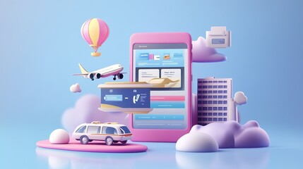 A 3D web vector illustration shows an online booking interface for mobile phones, covering hotel, flight, car, and ticket reservations